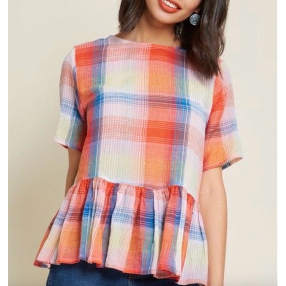 ZARA Cotton Gauze Peplum‎ Rainbow Boho Top with Tie Back Size Small